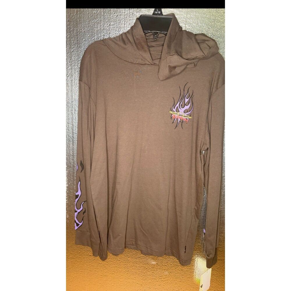 Billabong Brown Flame Graphic Hooded Long Sleeve Shirt Womens Y2K Surf Skate